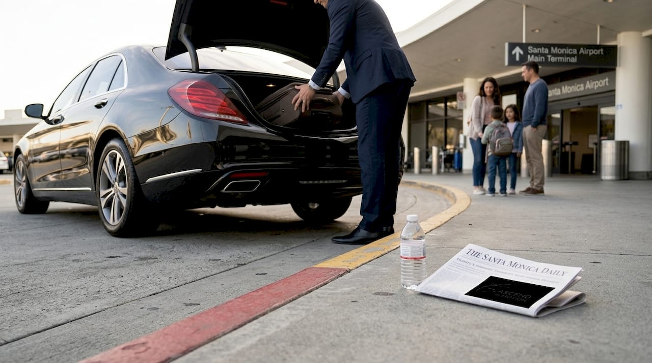 Chauffeur loading suitcase at Santa Monica Airport curb