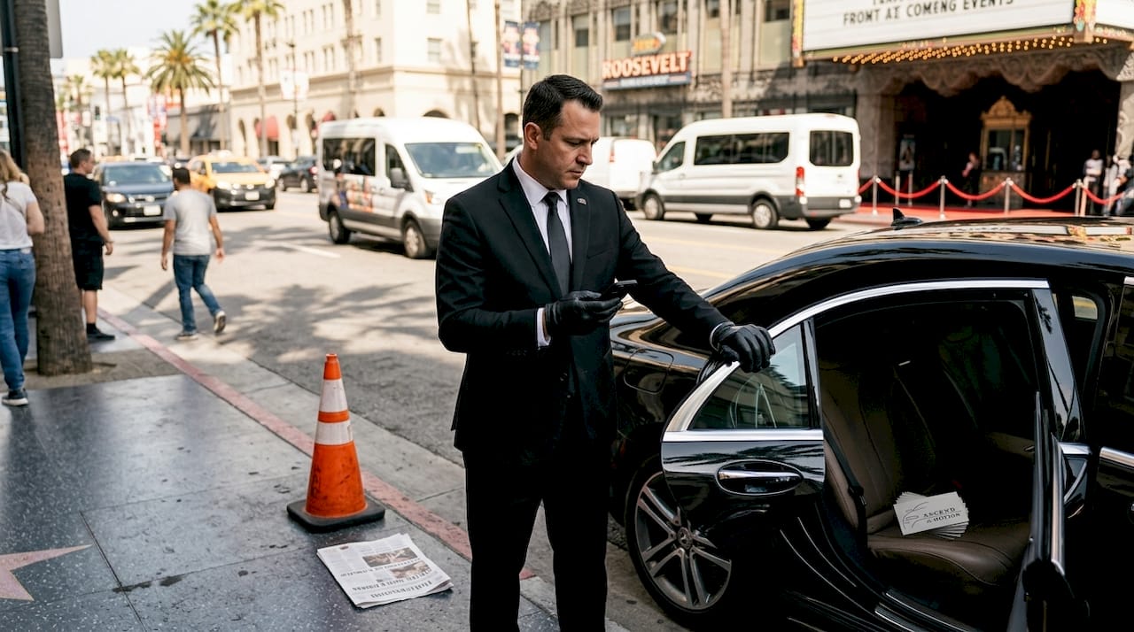 Chauffeur opening car door in Hollywood street