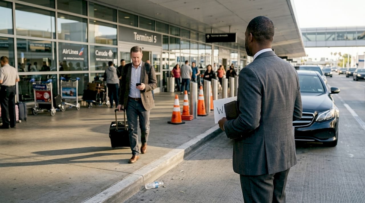 Chauffeur greeting traveler curbside at LAX terminal