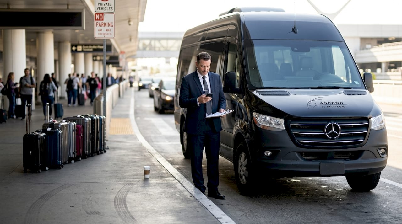Chauffeur with sedan at LAX terminal curb