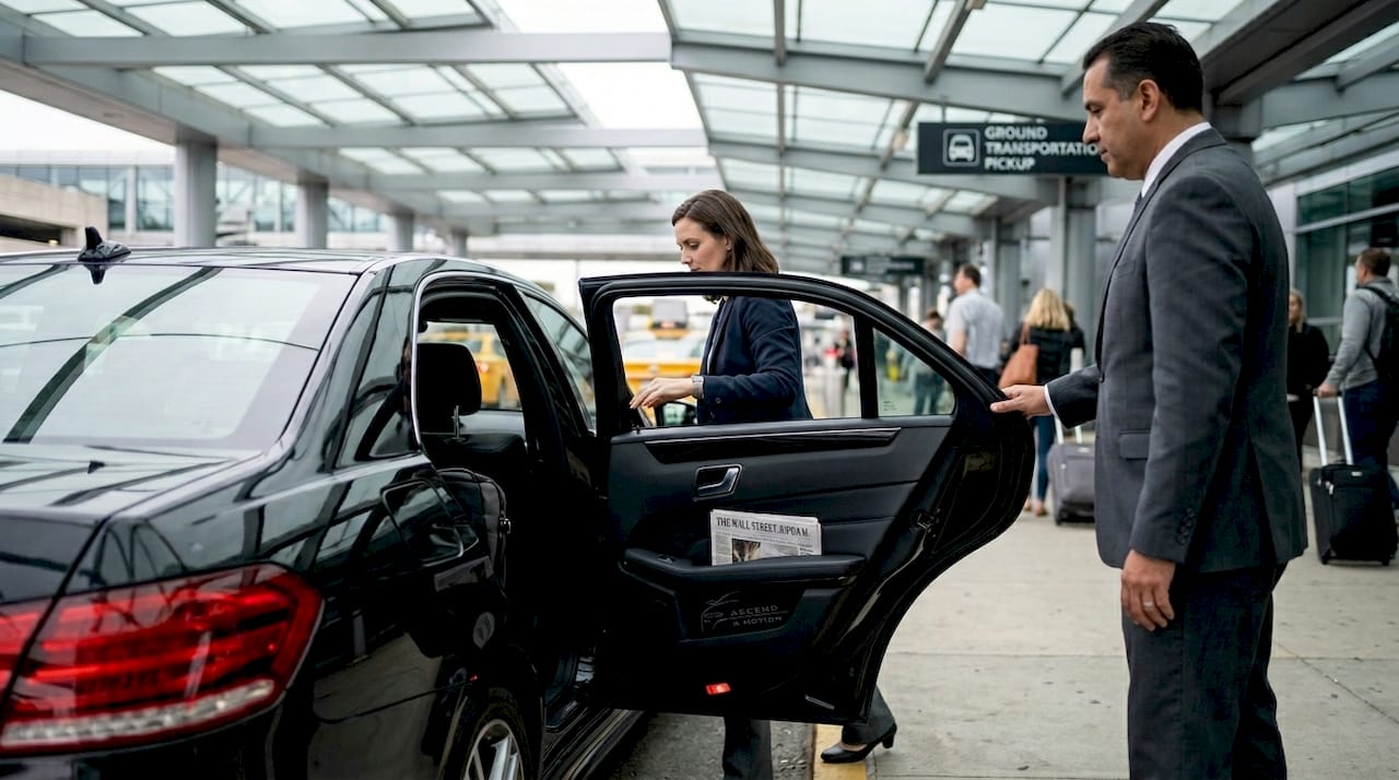 Executive entering luxury car with chauffeur