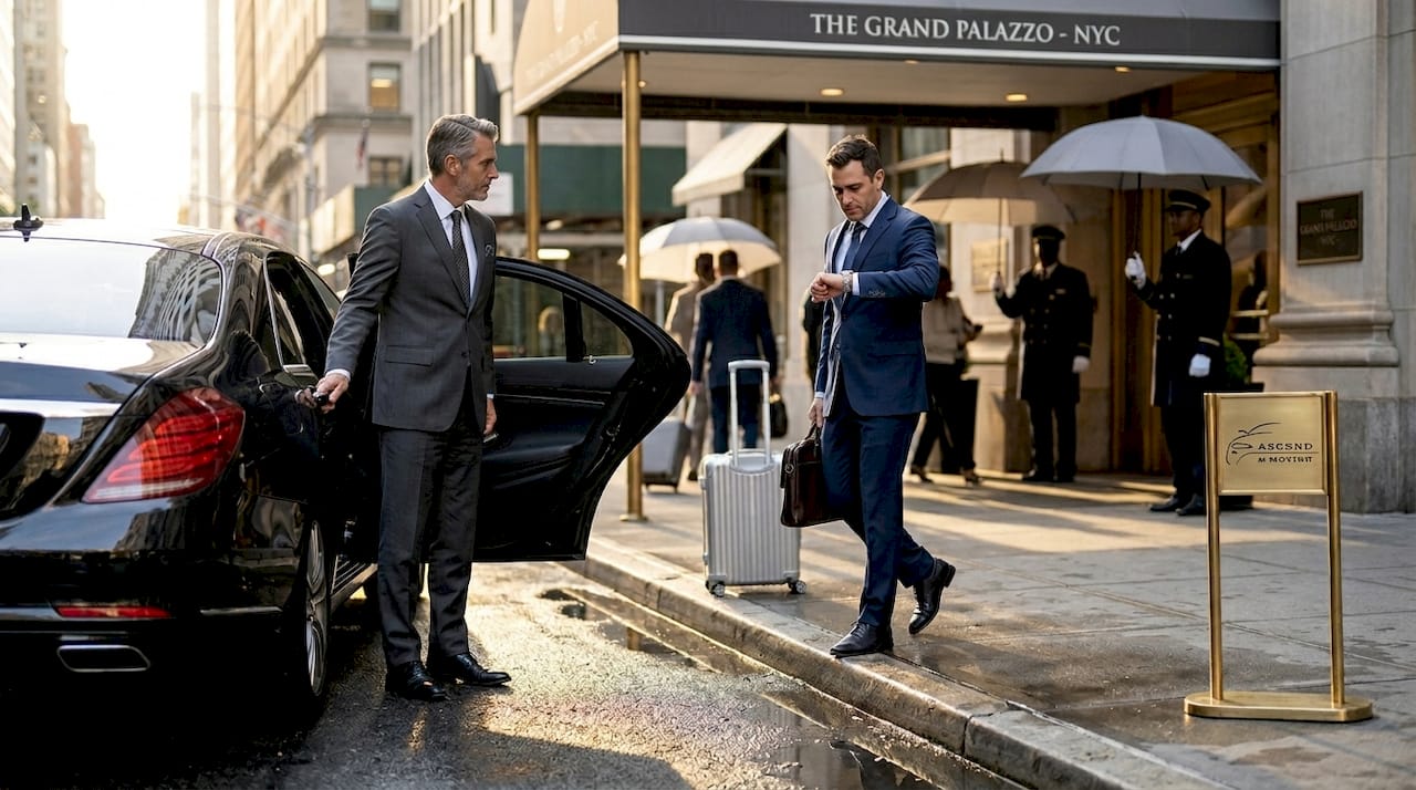 Chauffeur opening car door for business traveler