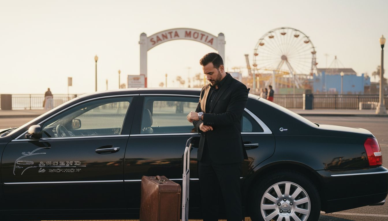 Luxury sedan and chauffeur at Santa Monica Pier