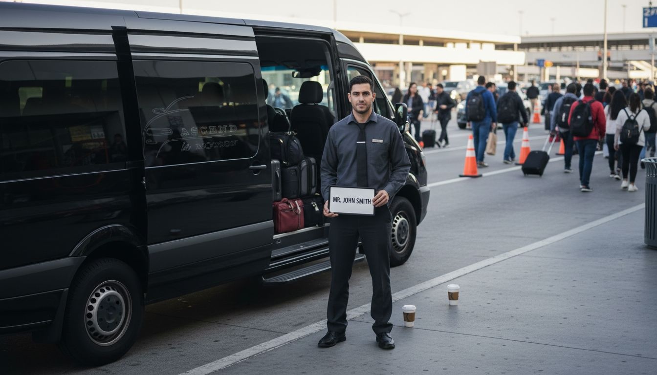Luxury shuttle curbside at LAX with driver