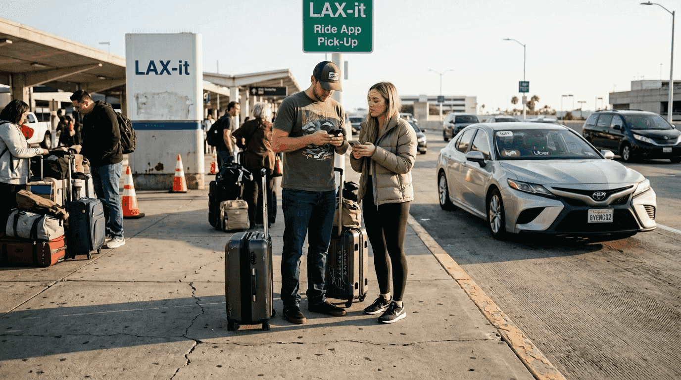 Travelers waiting at LAX Uber pickup curb