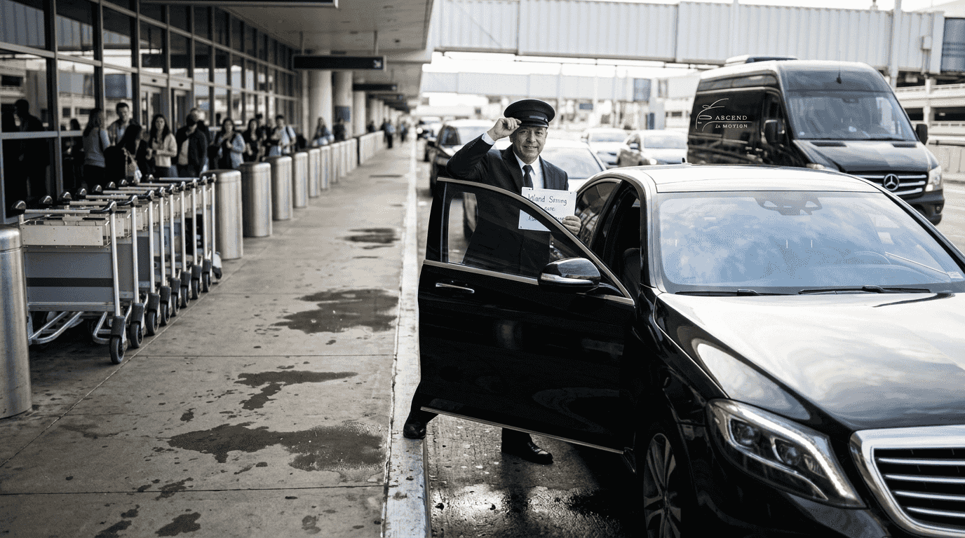 Chauffeur with sedan at LAX arrivals curb