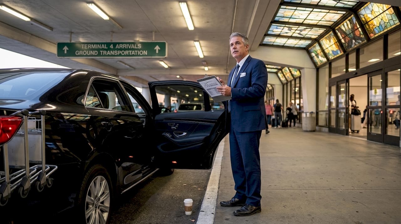Chauffeur waiting at busy LAX arrivals curb