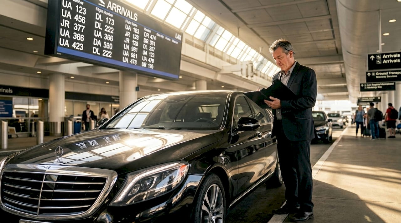 Chauffeur checking arrivals at LAX curbside