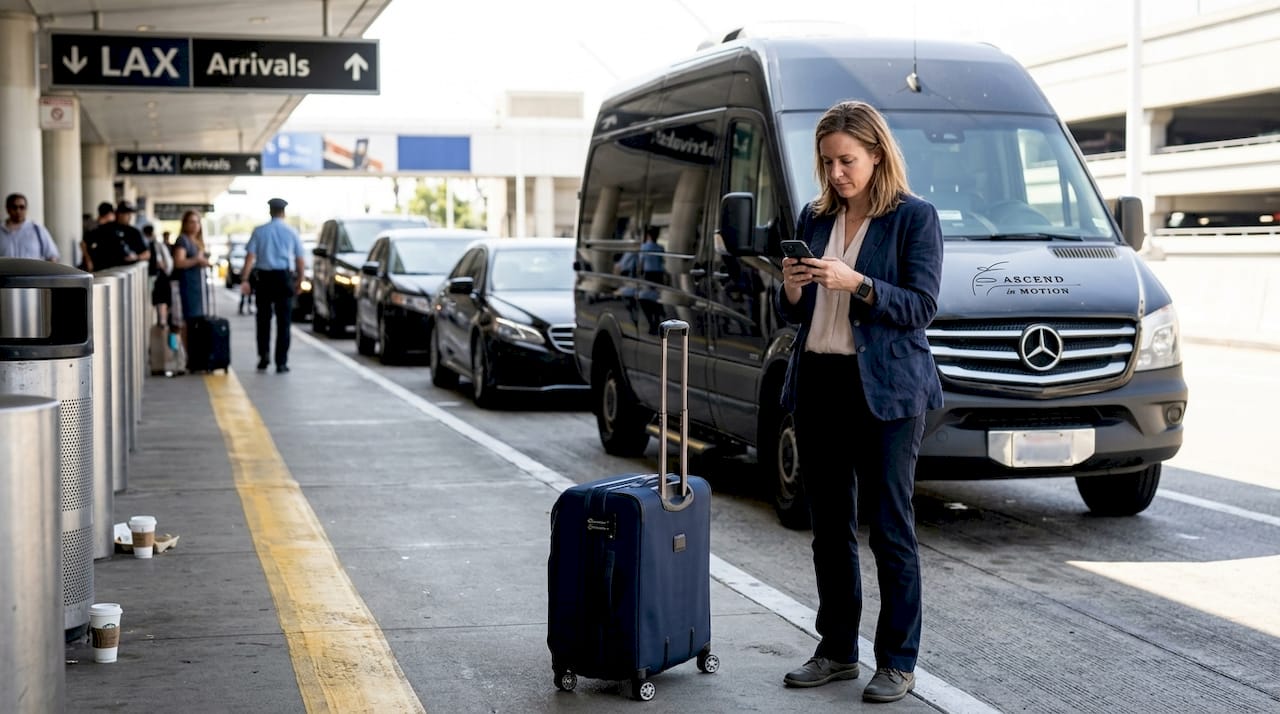 Traveler checking phone at LAX curbside with suitcase