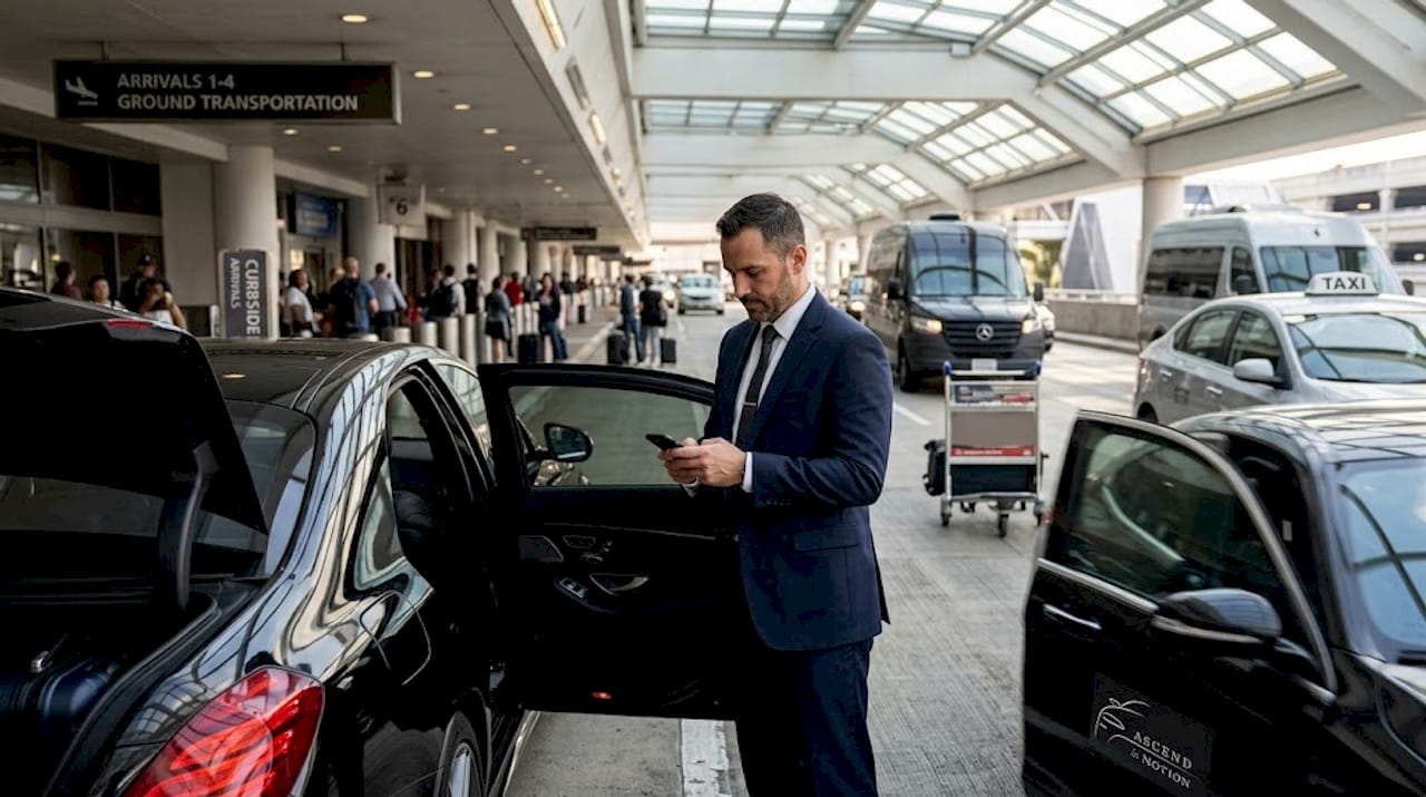 Chauffeur waits with luxury sedan curbside
