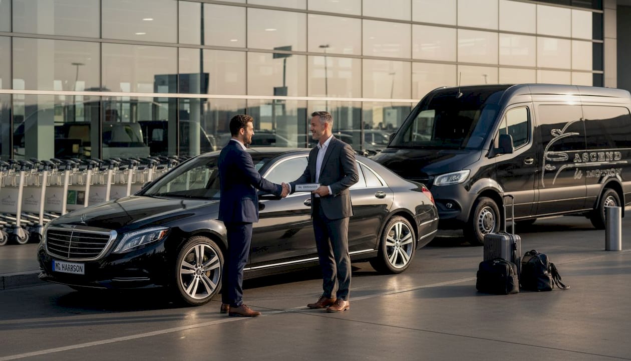 Driver greeting passenger at airport curb