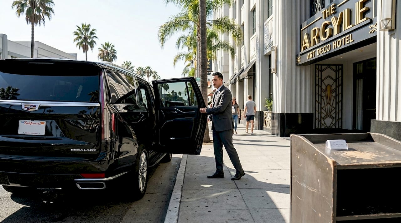 Chauffeur opening luxury SUV at Hollywood hotel