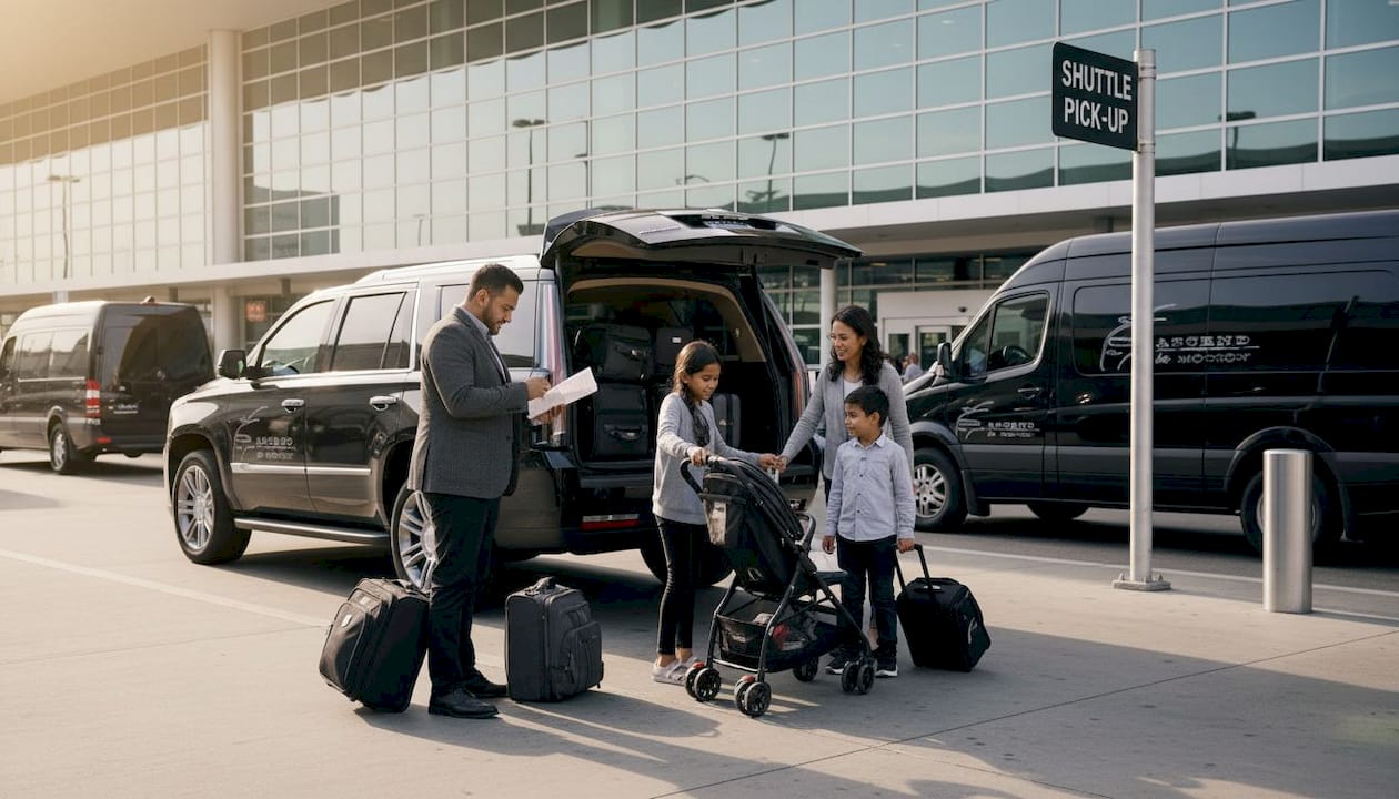 Family waiting for airport transport outside LAX