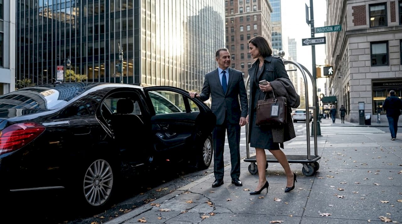 Chauffeur helping executive into car