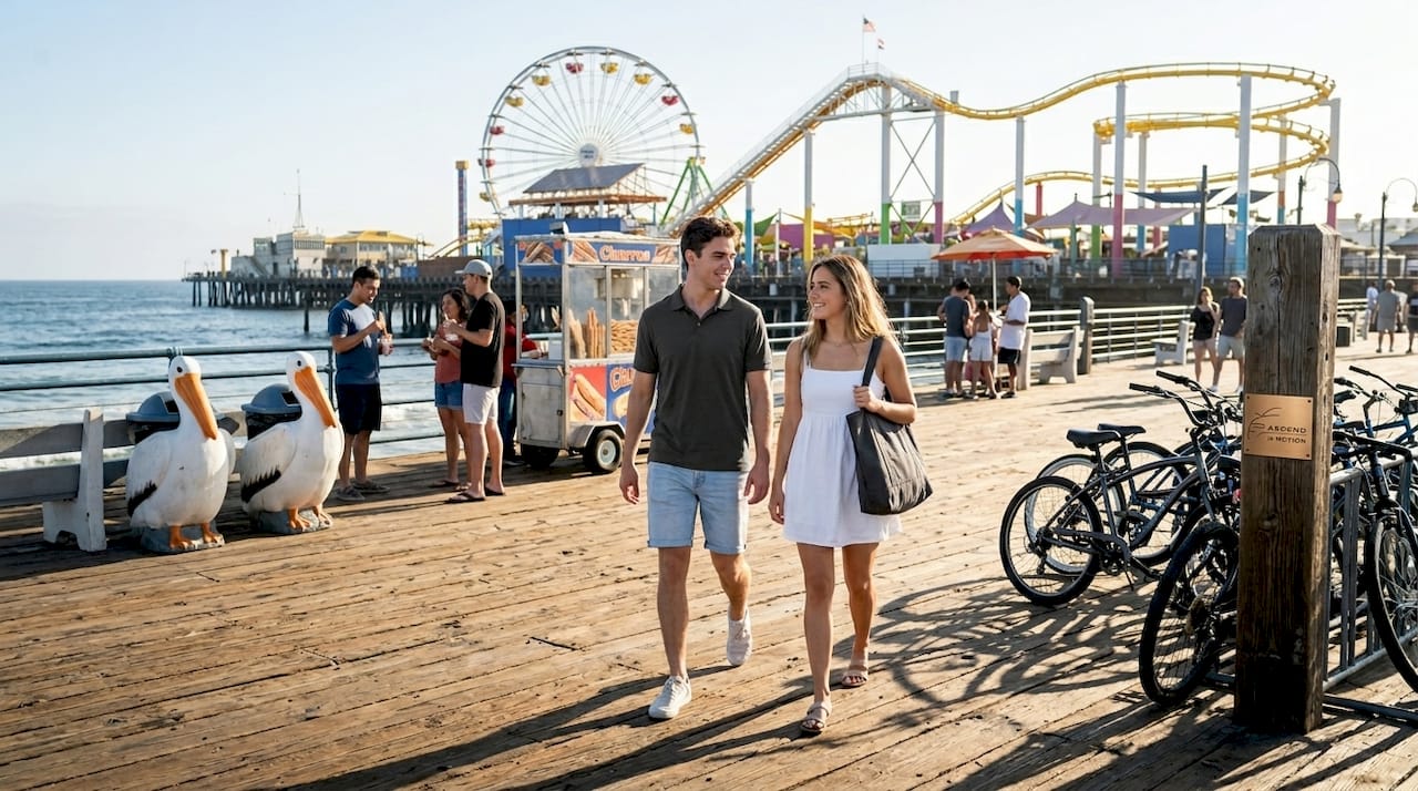 Visitors walking along sunny Santa Monica Pier