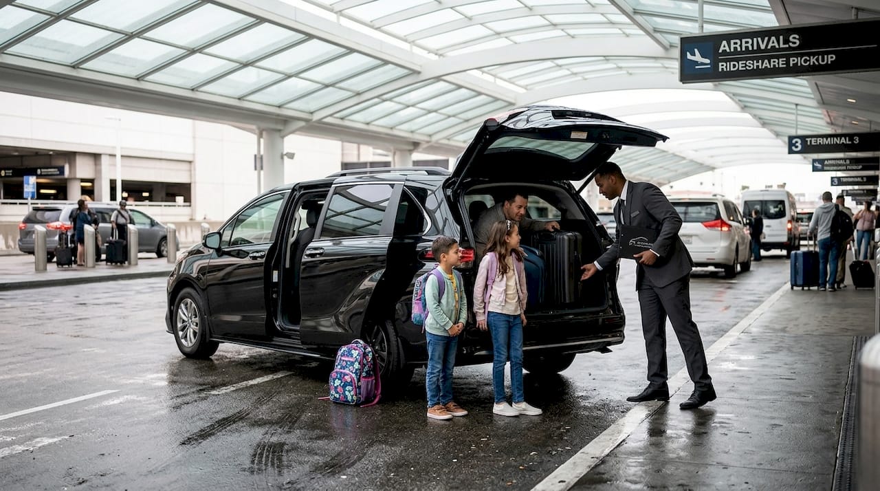 Family with chauffeur and van at LAX curb