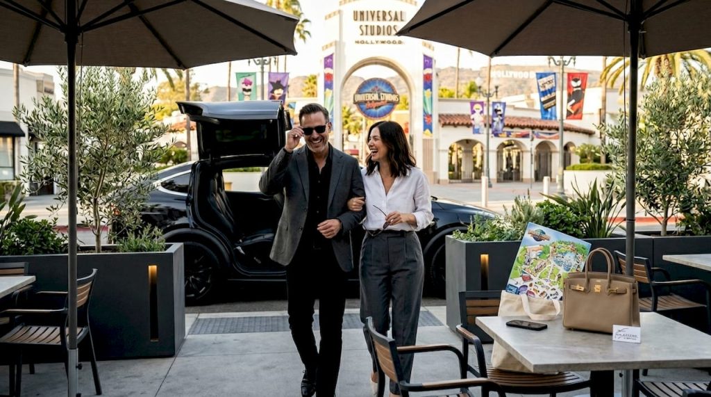 Couple arriving at Universal Studios by chauffeured car