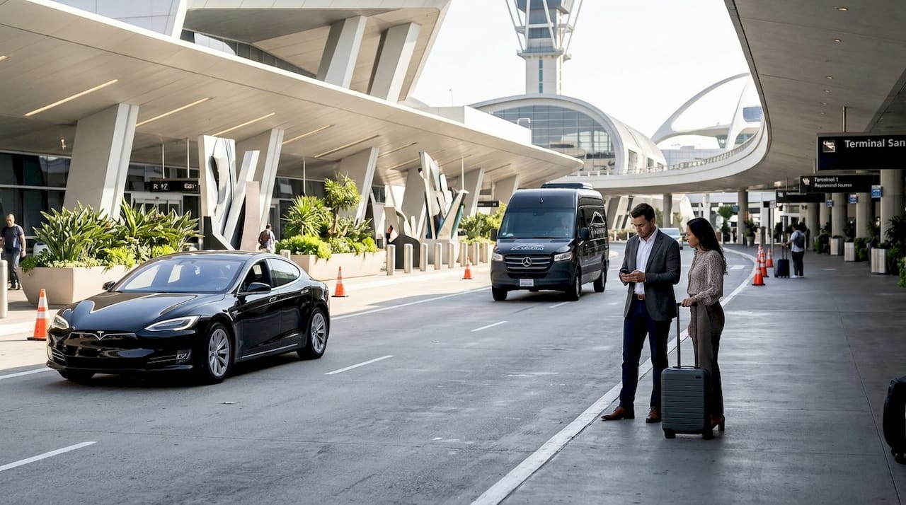 Travelers waiting for airport transfer curbside