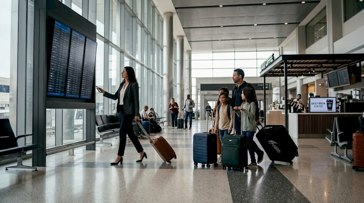 Travelers at LAX arrivals hall with luggage