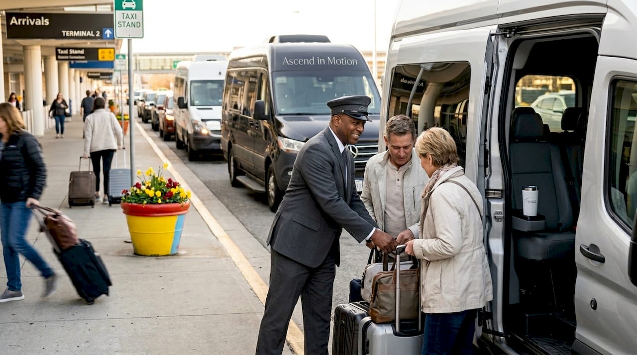 Shuttle driver assisting travelers at airport curb
