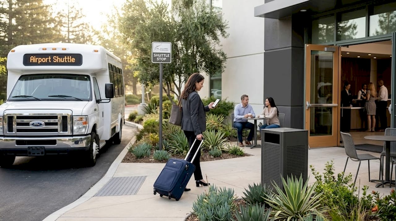 Traveler walks to airport shuttle pickup curb