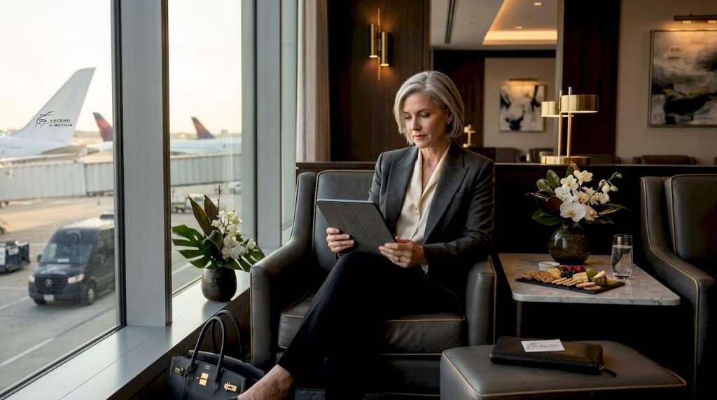 Traveler reading in luxury airport lounge