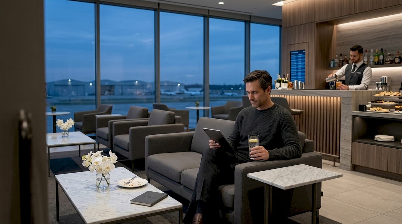 VIP airport lounge with seating and bar near windows