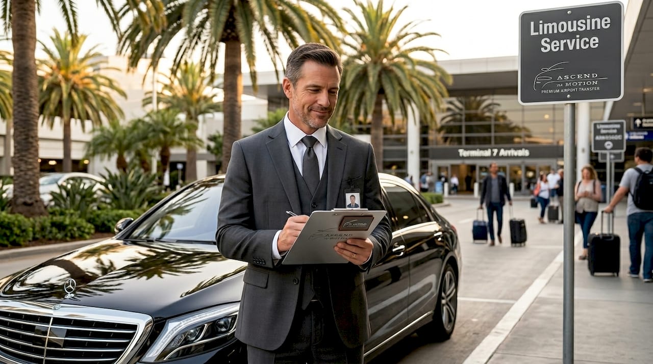 Professional car service driver at LAX with luxury sedan
