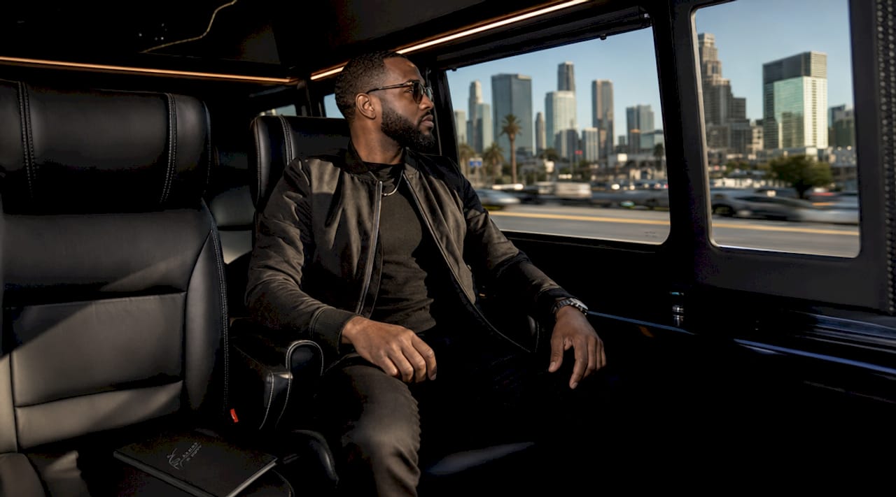 Passenger in luxury minibus traveling from LAX to SoFi Stadium