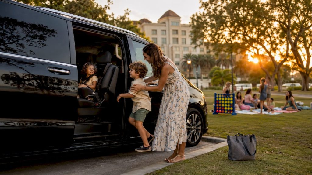 Parent buckling children inside luxury SUV at airport