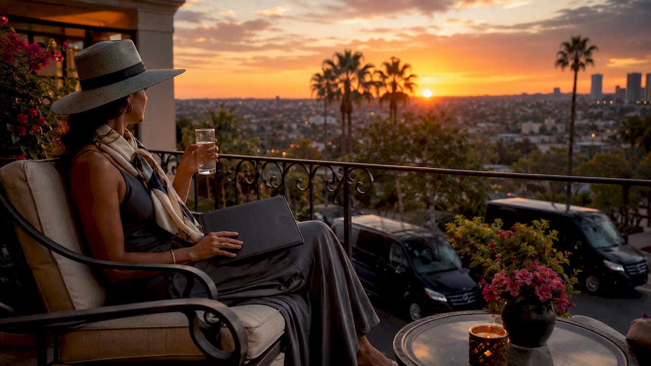 Traveler on terraced balcony at luxury LA hotel