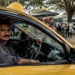 Taxi driver sitting in yellow cab in city