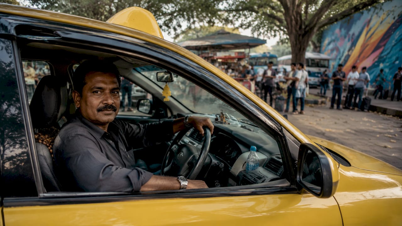 Taxi driver sitting in yellow cab in city