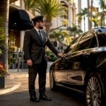 Chauffeur opening car door for luxury taxi airport pickup