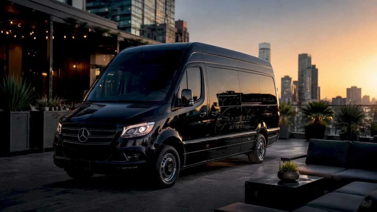 Ascend in Motion branded black Sprinter van at hotel entrance