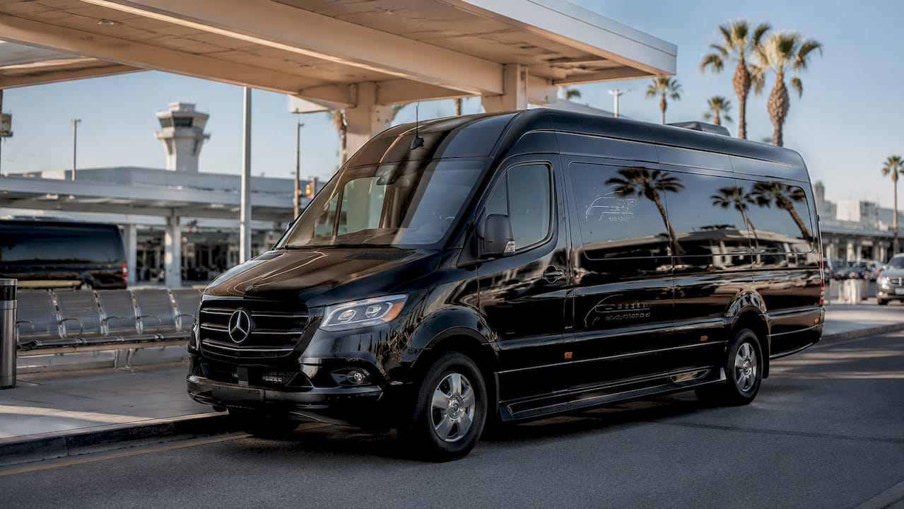 Black Mercedes-Benz Sprinter parked curbside at LAX