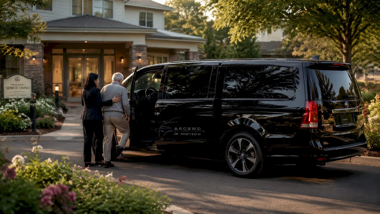 Black Ascend in Motion branded minivan at home driveway