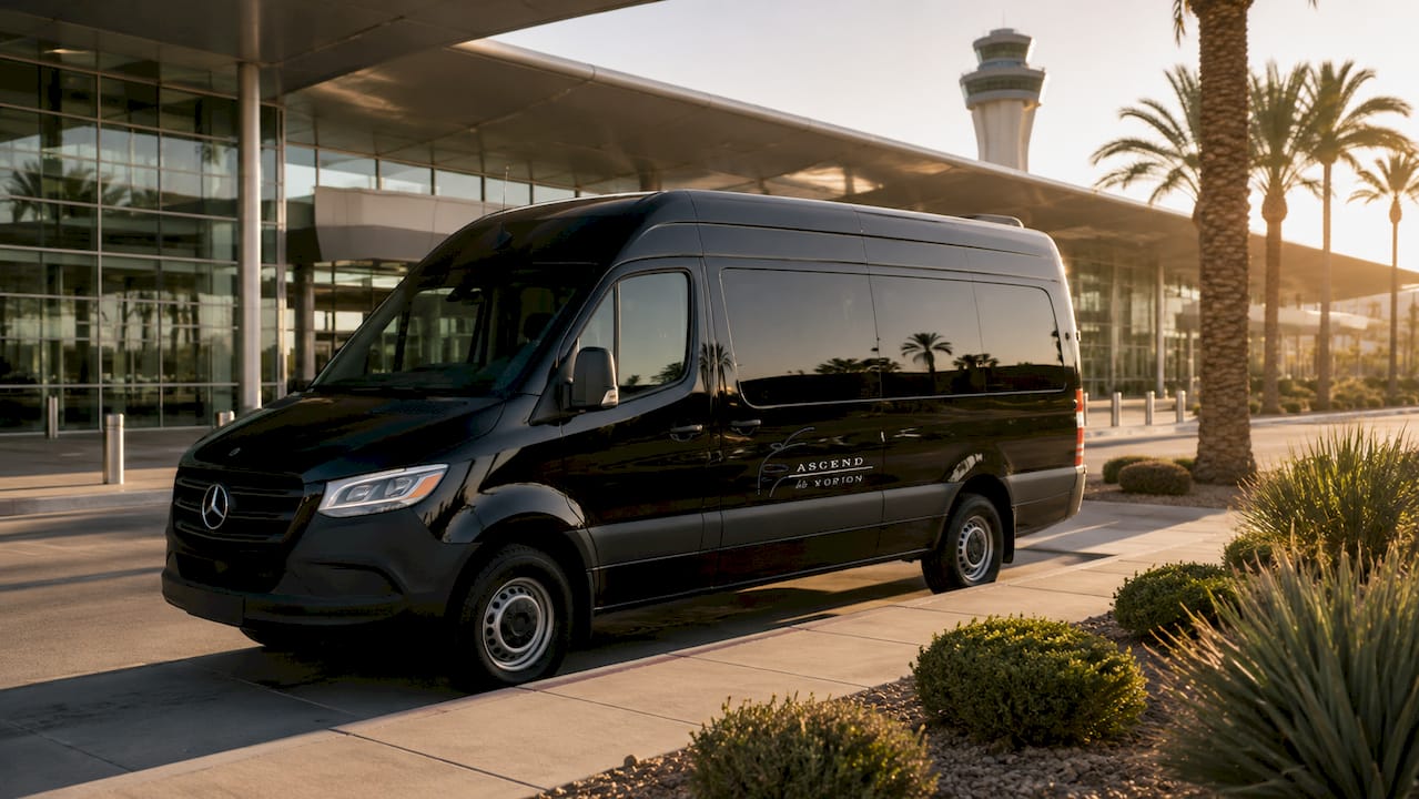 Black Ascend in Motion minivan outside Las Vegas airport