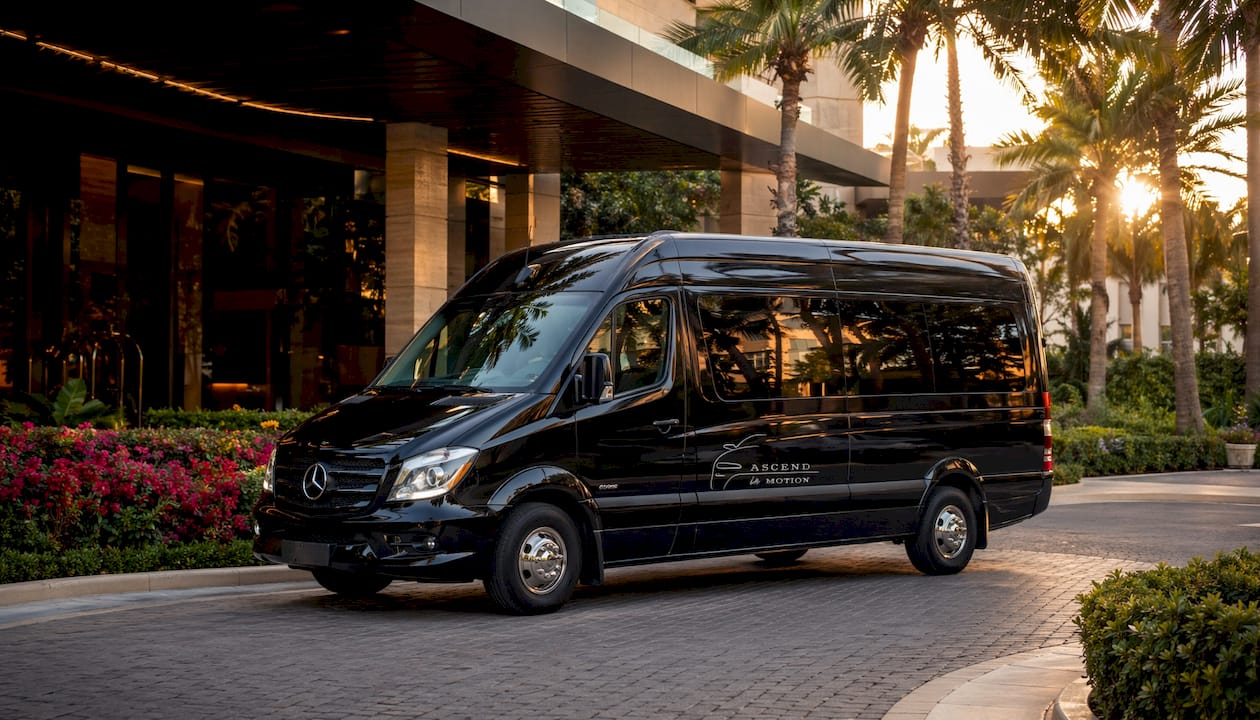 Black Ascend in Motion branded Mercedes-Benz Sprinter luxury minivan