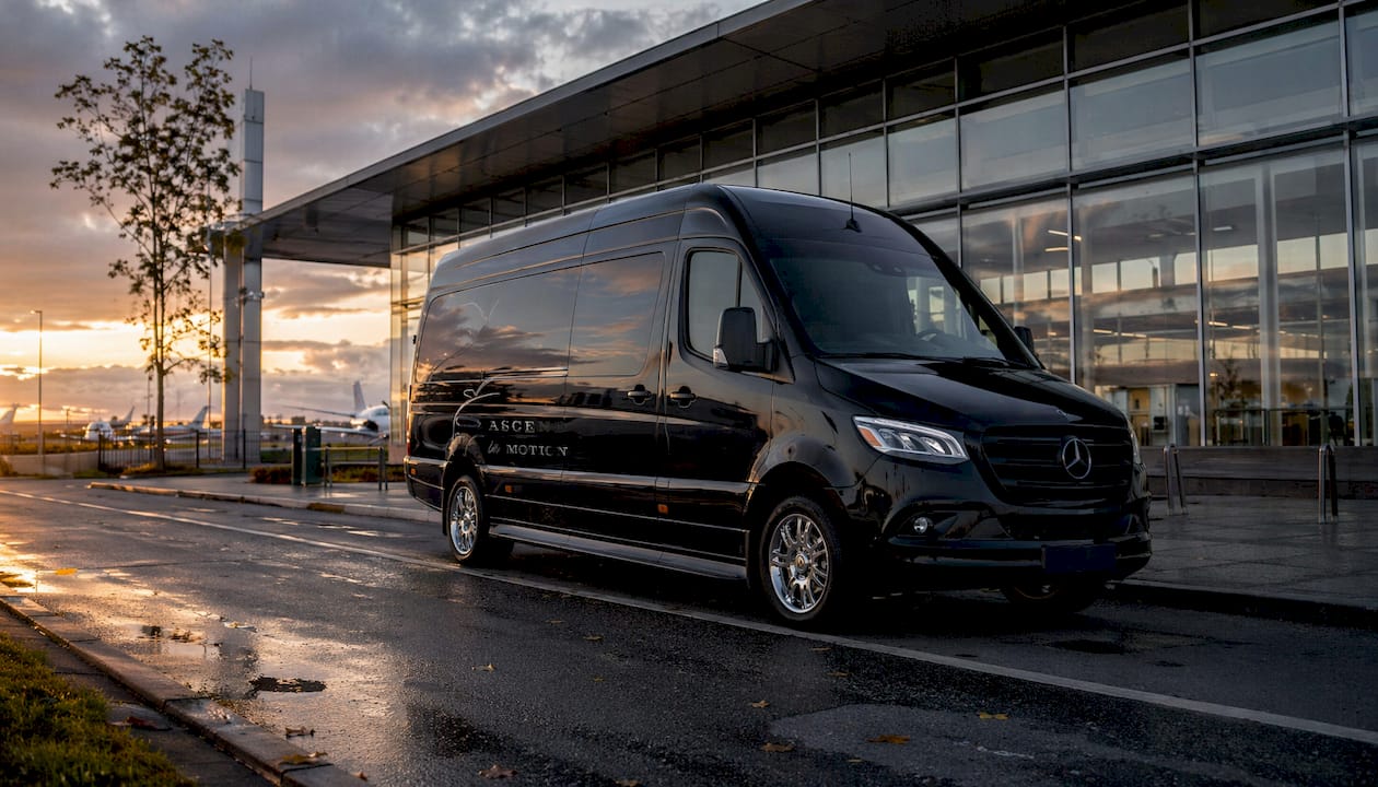Ascend in Motion black Mercedes Sprinter at airport curb