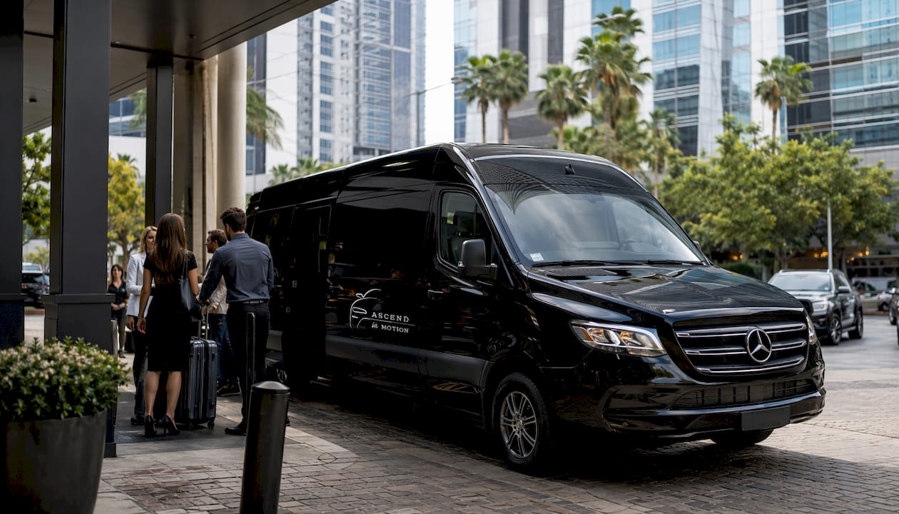 Black Ascend in Motion Mercedes Sprinter at airport curb