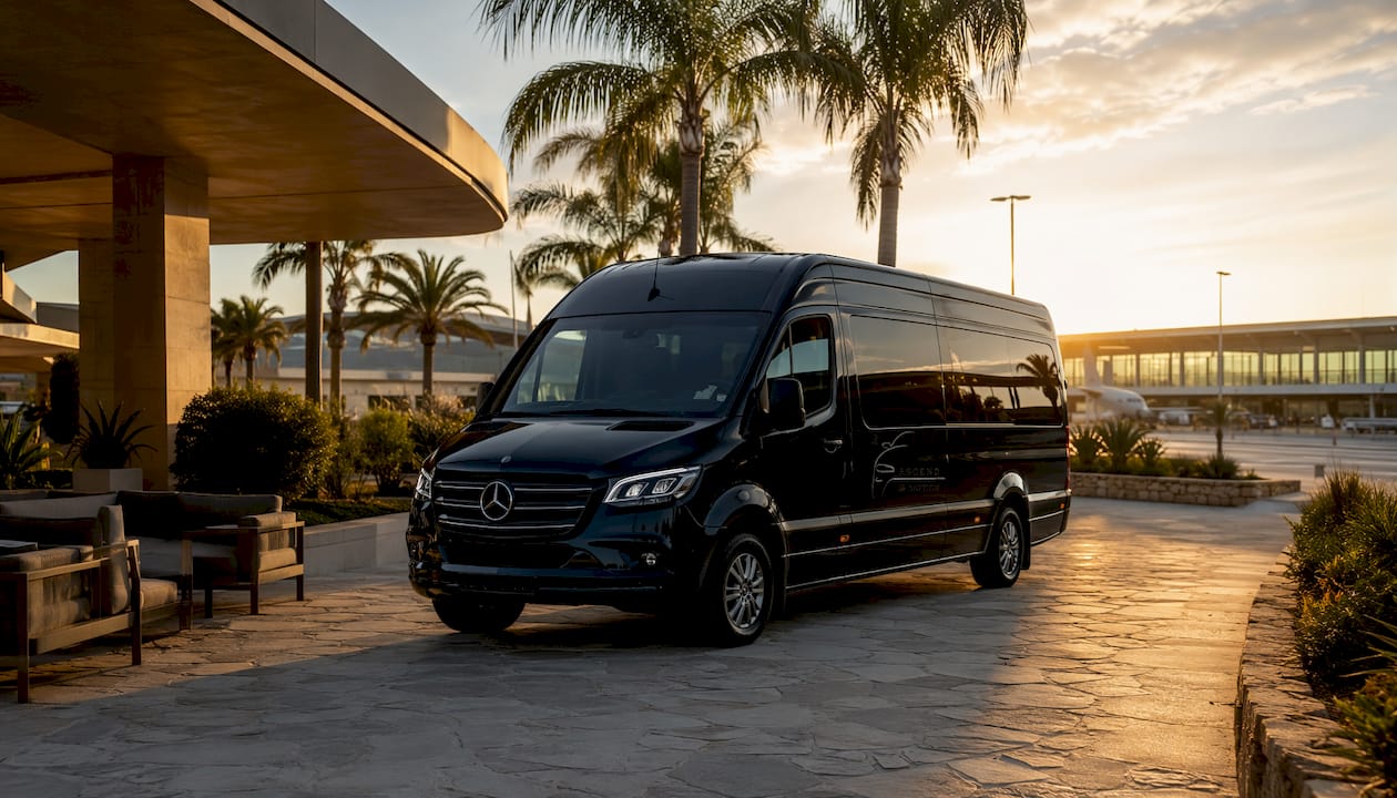 Black Ascend in Motion branded Mercedes-Benz Sprinter outside airport