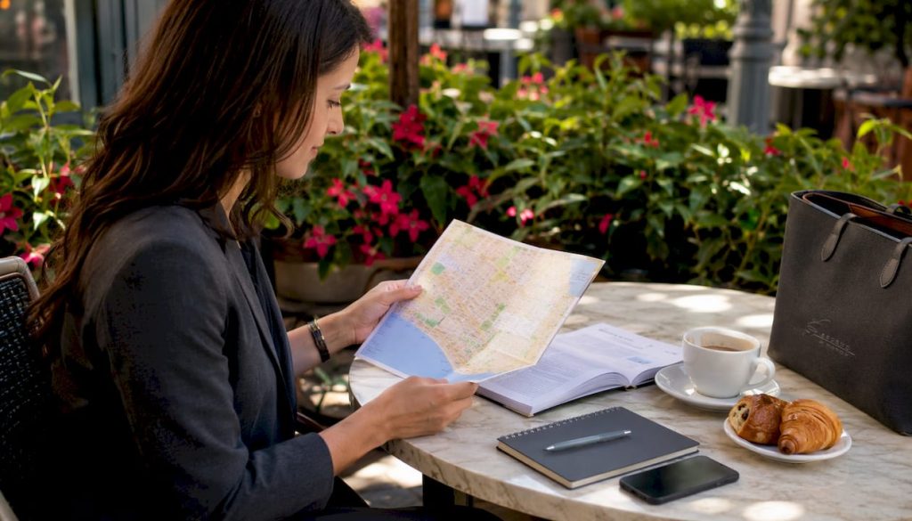 Hands holding Santa Monica map on planner desk