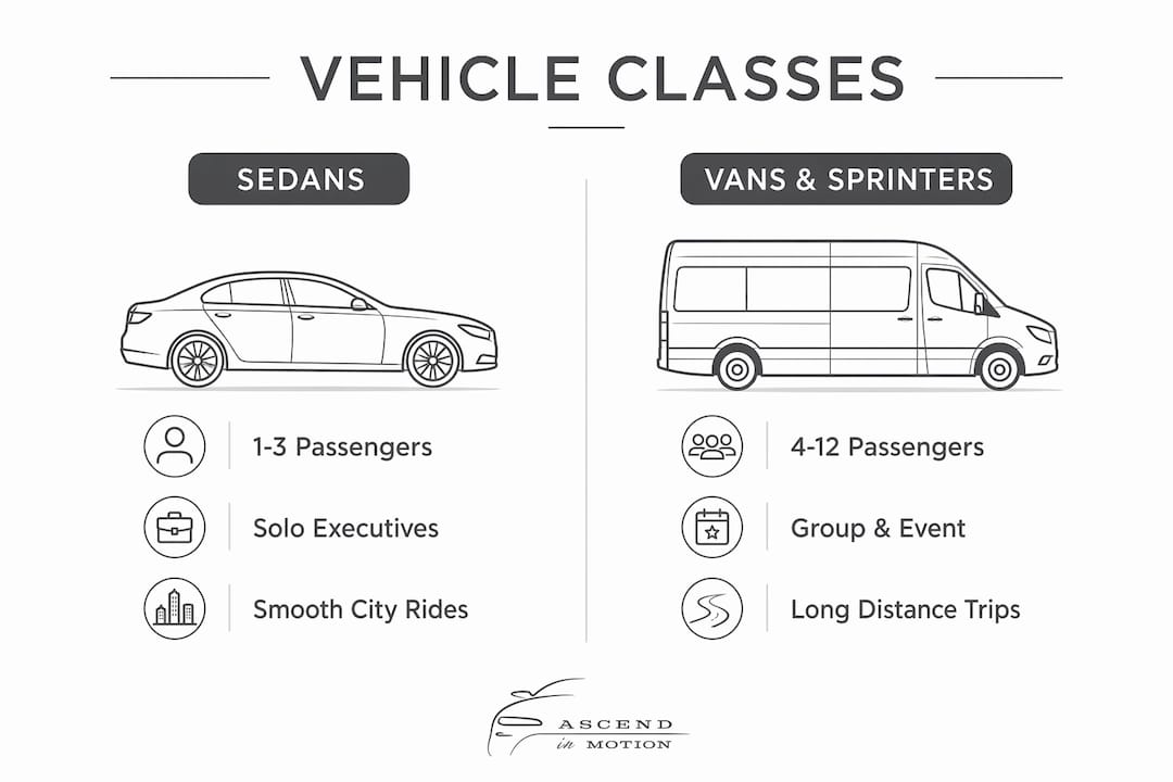 Infographic comparing sedan and van classes for chauffeurs