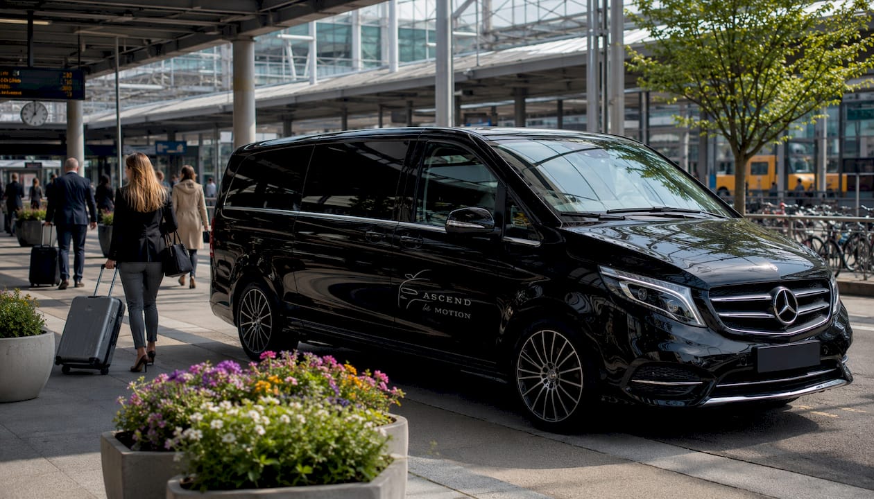 Black Ascend in Motion minivan at LAX curbside