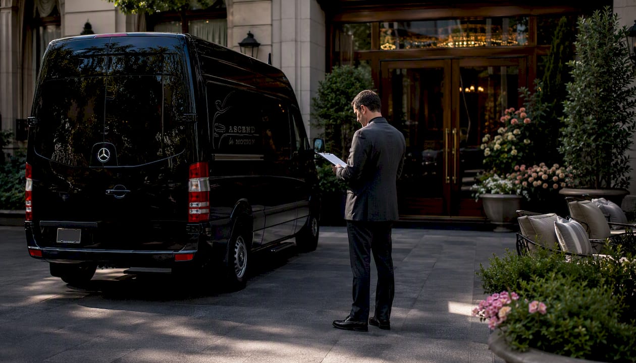 Black Mercedes Sprinter van parked at hotel entrance