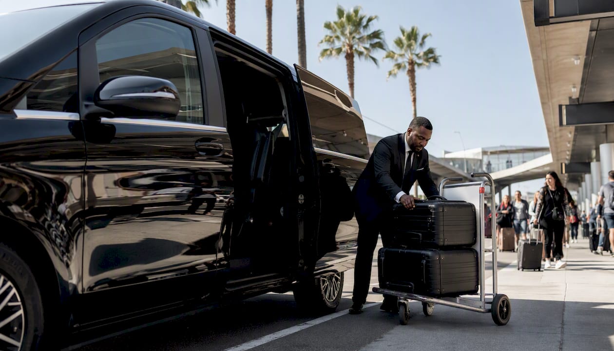 Luxury minivan luggage loading curbside LA