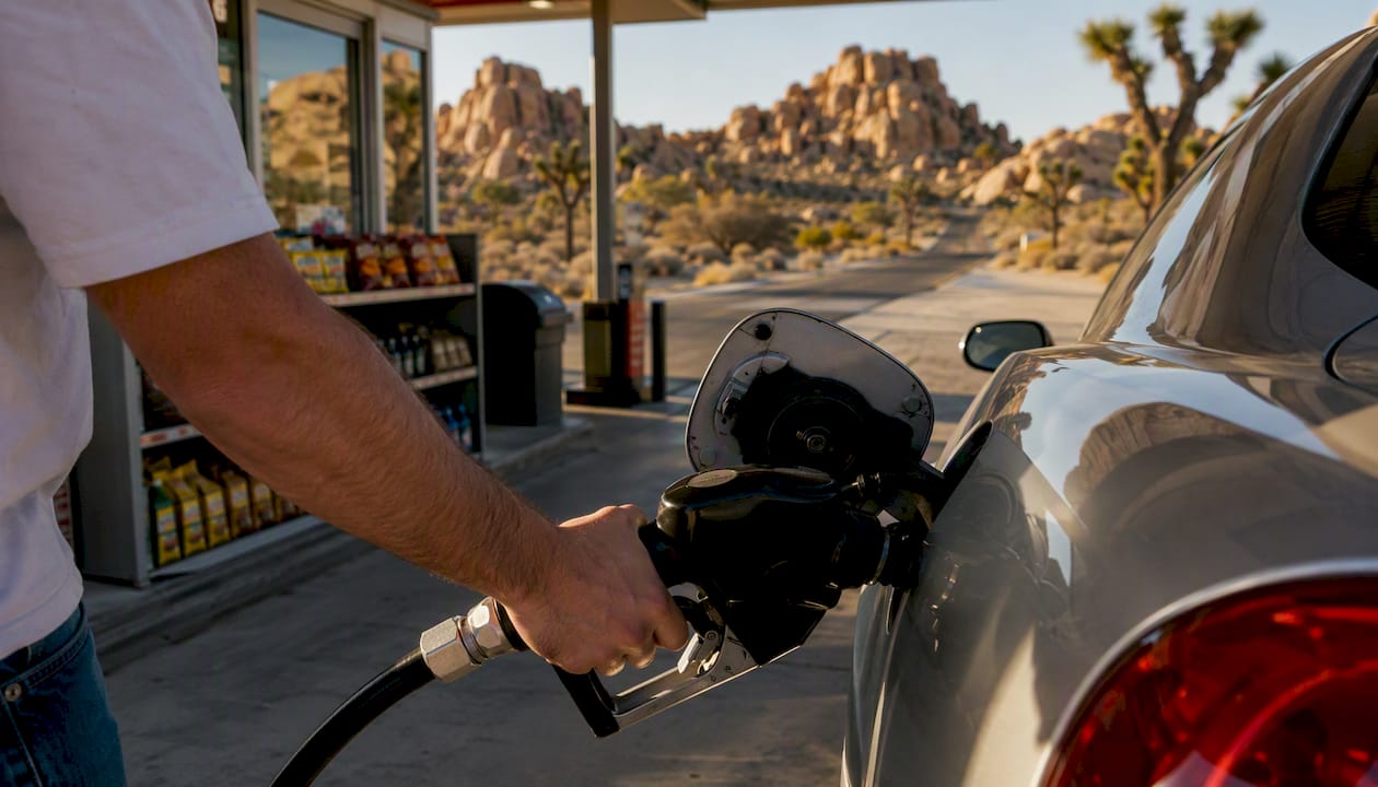 Fueling car on desert highway