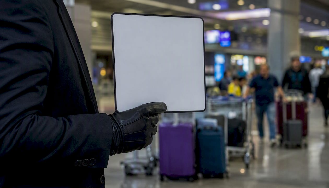 Chauffeur holding meet and greet sign inside baggage claim