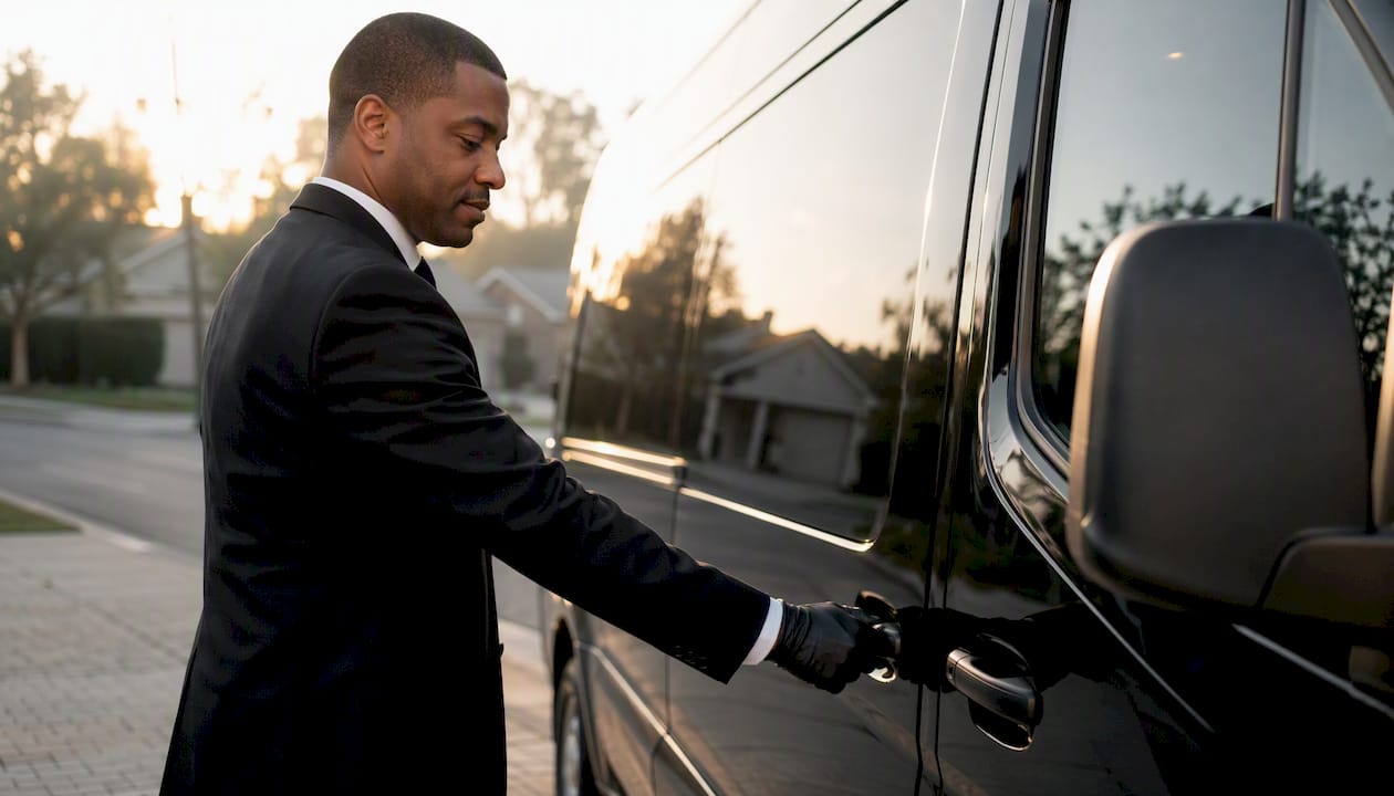 Chauffeur unlocking black minivan door
